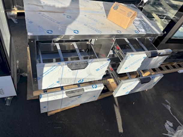 BRAND NEW SCRATCH AND DENT! Beverage-Air WTFD60AHC-4 60" Four Drawer Worktop Freezer W/ Removable 4" Backsplash and Commercial Casters. 115v/1Ph/60Hz. S/N: 15005778. Unit has Superficial Denting. See Photos - Image 4 of 10