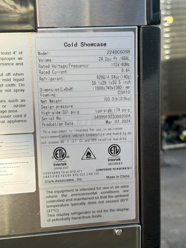 BRAND NEW SCRATCH & DENT! Avantco BC-60-SB 60" Black Square Refrigerated Bakery Display Case with LED Lighting. S/N: 5499919233882004. 115V/60Hz/9.6Amps, On Commercial Locking Casters, 59" x 29" x 53-1/2". In Working Order. Top Pane Of Glass Is Damaged. Production Date: 07-MAR-2024 - Image 5 of 8