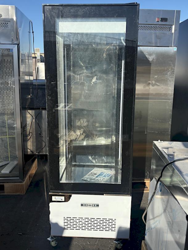 BRAND NEW SCRATCH & DENT! Avantco GD4C-15-HC Copper 4-Sided Glass Refrigerated Display Case, 115V/60Hz/3.8Amps. 25-1/2" x 25-1/2" x 74-13/16. S/N: 1326004250032 Left Side Exterior Pane of glass is damaged...Can be easily replaced w/plexiglass. - Image 1 of 6