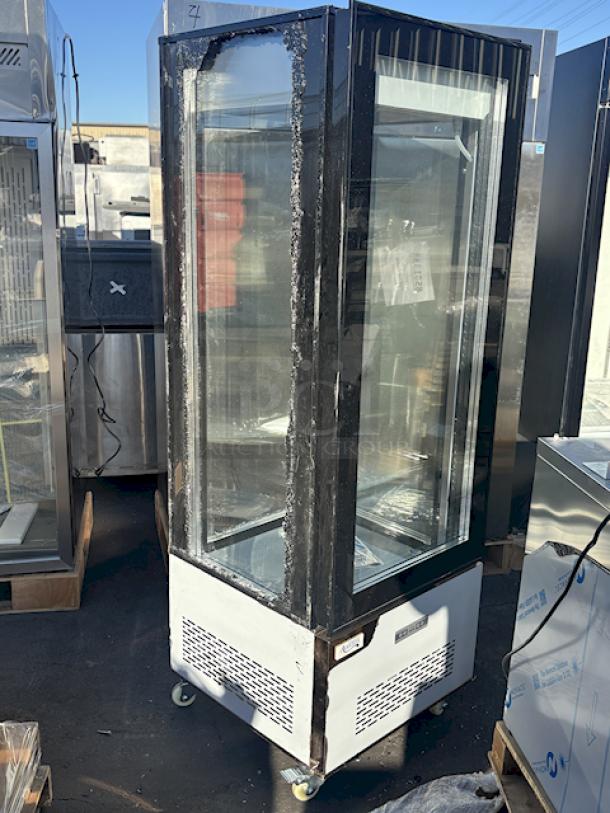 BRAND NEW SCRATCH & DENT! Avantco GD4C-15-HC Copper 4-Sided Glass Refrigerated Display Case, 115V/60Hz/3.8Amps. 25-1/2" x 25-1/2" x 74-13/16. S/N: 1326004250032 Left Side Exterior Pane of glass is damaged...Can be easily replaced w/plexiglass. - Image 2 of 6