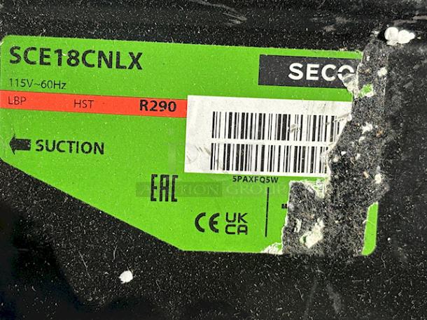 BRAND NEW SCRATCH AND DENT! Secop SCE18CNLX 1-2/7 hp Compressor - 115V/R290/6.08Amp/60Hz.        S/N: 5PAXFQ5W. One Flange used for Mounting is Bent Up. - Image 6 of 8