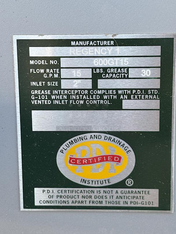 Brand New Scratch & Dent! Regency 600GT15 30 lb. 15 GPM Grease Trap with 2" Non-Threaded Connections. Broken Weld See Photos. - Image 3 of 6