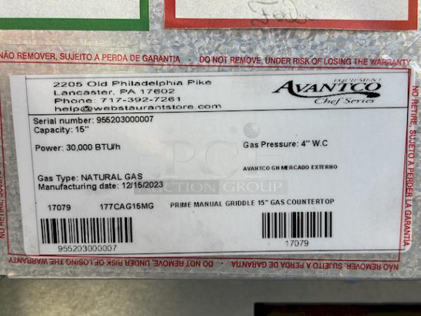 BRAND NEW SCRATCH & DENT! Avantco Chef Series CAG-15-MG 15" Countertop Gas Griddle with Manual Controls - 30,000 BTU, S/N: 955203000007 Mfg: 15-DEC-2023. Light Surface Rust. - Image 4 of 7