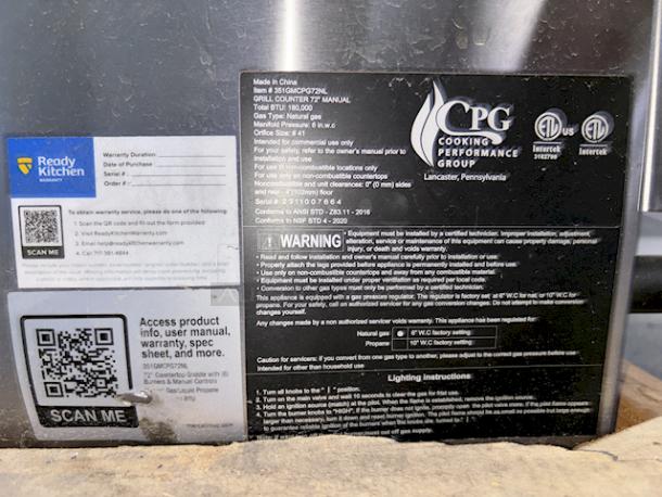 BRAND NEW SCRATCH & DENT! Cooking Performance Group GM-CPG-72-NL 72" Gas Countertop Griddle with Manual Controls - 180,000 BTU. S/N: 2311007664. 72 Inches	x 29 5/16 Inches x 16 3/4 Inches, 558 lb - Image 6 of 9
