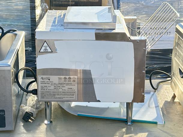 BRAND NEW SCRATCH & DENT! Avantco T3600D Commercial 14 1/2" Wide Conveyor Toaster with 3" Opening, Includes Rear Chute - 240V, 1ph, 60Hz, 3600W, 1200 Slices per Hour. SERIAL #: 45099231843600D Minor scratches & dents, very slight bend on top left corner. Damage to power cord. Missing (2) screws to attach rear chute. - Image 2 of 9