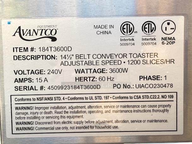 BRAND NEW SCRATCH & DENT! Avantco T3600D Commercial 14 1/2" Wide Conveyor Toaster with 3" Opening, Includes Rear Chute - 240V, 1ph, 60Hz, 3600W, 1200 Slices per Hour. SERIAL #: 45099231843600D Minor scratches & dents, very slight bend on top left corner. Damage to power cord. Missing (2) screws to attach rear chute. - Image 3 of 9