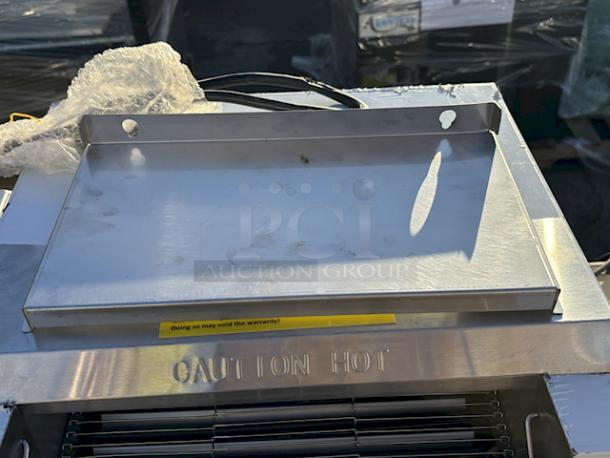 BRAND NEW SCRATCH & DENT! Avantco T3600D Commercial 14 1/2" Wide Conveyor Toaster with 3" Opening, Includes Rear Chute - 240V, 1ph, 60Hz, 3600W, 1200 Slices per Hour. SERIAL #: 45099231843600D Minor scratches & dents, very slight bend on top left corner. Damage to power cord. Missing (2) screws to attach rear chute. - Image 8 of 9