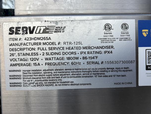 BRAND NEW SCRATCH & DENT! ServIt HDM-26 26" Self / Full Service 3 Shelf Countertop Heated Display Case with Sliding Doors - 120V, 1800W, 15 Amps	1 Phase	60 Hz	84 lb. S/N: 1556307300087. Glass is Broken On all sides. - Image 3 of 5