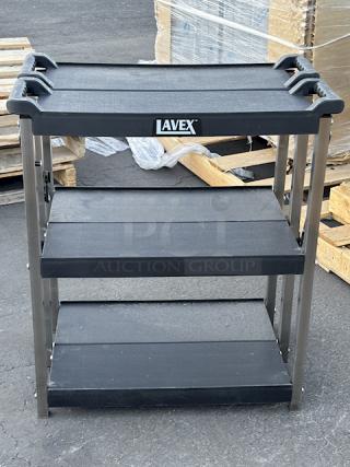 BRAND NEW SCRATCH! Lavex 26 13/16" x 16 1/8" x 36" Small Black 3-Shelf Folding Plastic Utility Cart with Ergonomic Handles. Out of Original Packaging. Missing Wheels.