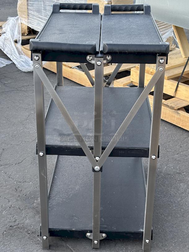 BRAND NEW SCRATCH! Lavex 26 13/16" x 16 1/8" x 36" Small Black 3-Shelf Folding Plastic Utility Cart with Ergonomic Handles. Out of Original Packaging. Missing Wheels. - Image 2 of 6