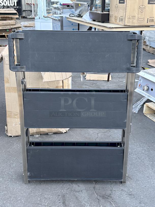 BRAND NEW SCRATCH! Lavex 26 13/16" x 16 1/8" x 36" Small Black 3-Shelf Folding Plastic Utility Cart with Ergonomic Handles. Out of Original Packaging. Missing Wheels. - Image 4 of 6