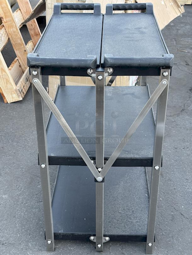 BRAND NEW SCRATCH! Lavex 26 13/16" x 16 1/8" x 36" Small Black 3-Shelf Folding Plastic Utility Cart with Ergonomic Handles. Out of Original Packaging. Missing Wheels. - Image 5 of 6
