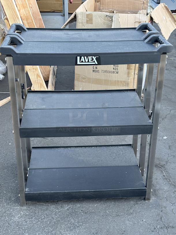 BRAND NEW SCRATCH! Lavex 26 13/16" x 16 1/8" x 36" Small Black 3-Shelf Folding Plastic Utility Cart with Ergonomic Handles. Out of Original Packaging. Missing Wheels. - Image 6 of 6