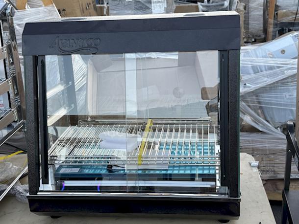 BRAND NEW SCRATCH & DENT! Avantco HDC-26 26" Self/Full Service 3 Shelf Countertop Heated Display Case with Sliding Doors - 120V, 1580W, S/N: CK-240270R- 256 N, 86Lb. Minor denting in upper corners. (see photos). - Image 1 of 9