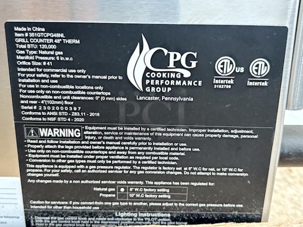 BRAND NEW SCRATCH & DENT! Cooking Performance Group GT-CPG-48-NL 48" Gas Countertop Griddle with Flame Failure Protection and Thermostatic Controls - 120,000 BTU. S/N: 2302000397. Knob is broken, Unit is dented. - Image 4 of 6