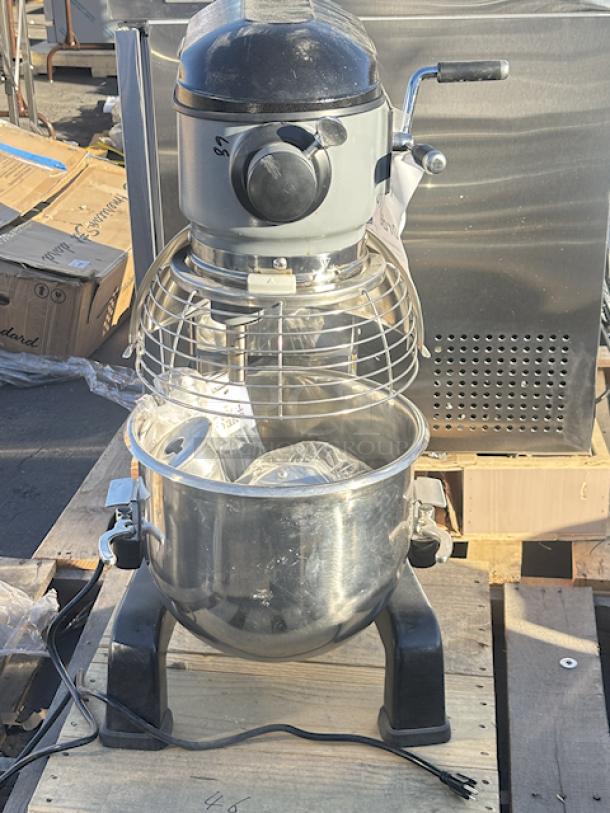 BRAND NEW SCRATCH & DENT! Centerline by Hobart HMM20-1STD 20 Qt. Planetary Stand Mixer with Guard & Standard Accessories - 120V, 1/2 hp. 9 Amps/1 Phase/60 Hz. 295 lb. S/N: EX-0005-046. Includes a beater, whip, and dough hook. Top backside on the unit is dented. - Image 1 of 7