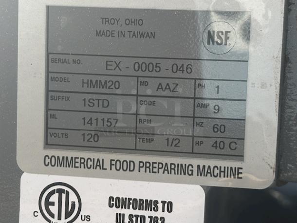 BRAND NEW SCRATCH & DENT! Centerline by Hobart HMM20-1STD 20 Qt. Planetary Stand Mixer with Guard & Standard Accessories - 120V, 1/2 hp. 9 Amps/1 Phase/60 Hz. 295 lb. S/N: EX-0005-046. Includes a beater, whip, and dough hook. Top backside on the unit is dented. - Image 7 of 7