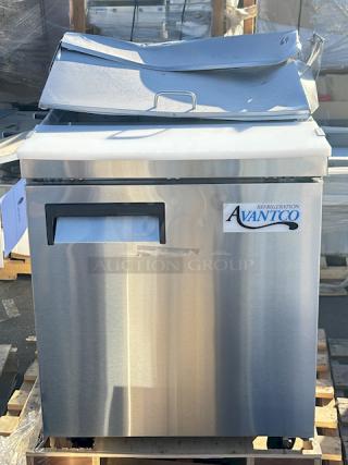 BRAND NEW SCRATCH & DENT! Avantco APT-27-HC 27" 1 Door Refrigerated Sandwich Prep Table, 115 Volts	3.6 Amps	1 Phase	60 Hz	219 lb. S/N: 253717537. In Working Order. On Commercial Casters. Lid is dented and bent.