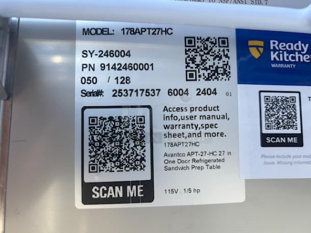 BRAND NEW SCRATCH & DENT! Avantco APT-27-HC 27" 1 Door Refrigerated Sandwich Prep Table, 115 Volts	3.6 Amps	1 Phase	60 Hz	219 lb. S/N: 253717537. In Working Order. On Commercial Casters. Lid is dented and bent. - Image 6 of 7