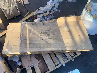 BRAND NEW! "Steelton 30" x 72" 18-Gauge Stainless Steel Equipment Stand with Undershelf and Galvanized Legs. In original packaging, unit has some easily fixable denting/bending (see photos).