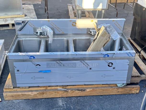 BRAND NEW SCRATCH & DENT! Advance Tabco Prestige Series PRB-19-44C 4 Compartment Underbar Sink with (2) Splash Mount Faucets - 20" x 48". Includes Legs, Cross Bars & Adjustable Bullet Feet. Unit has minor denting/bends (see photos). - Image 1 of 10