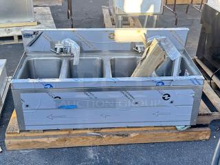 BRAND NEW SCRATCH & DENT! Advance Tabco Prestige Series PRB-19-44C 4 Compartment Underbar Sink with (2) Splash Mount Faucets - 20" x 48". Includes Legs, Cross Bars & Adjustable Bullet Feet. Unit has minor denting/bends (see photos).