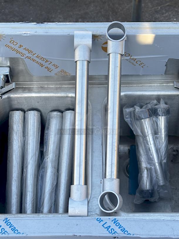 BRAND NEW SCRATCH & DENT! Advance Tabco Prestige Series PRB-19-44C 4 Compartment Underbar Sink with (2) Splash Mount Faucets - 20" x 48". Includes Legs, Cross Bars & Adjustable Bullet Feet. Unit has minor denting/bends (see photos). - Image 3 of 10