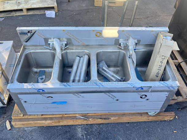 BRAND NEW SCRATCH & DENT! Advance Tabco Prestige Series PRB-19-44C 4 Compartment Underbar Sink with (2) Splash Mount Faucets - 20" x 48". Includes Legs, Cross Bars & Adjustable Bullet Feet. Unit has minor denting/bends (see photos). - Image 5 of 10