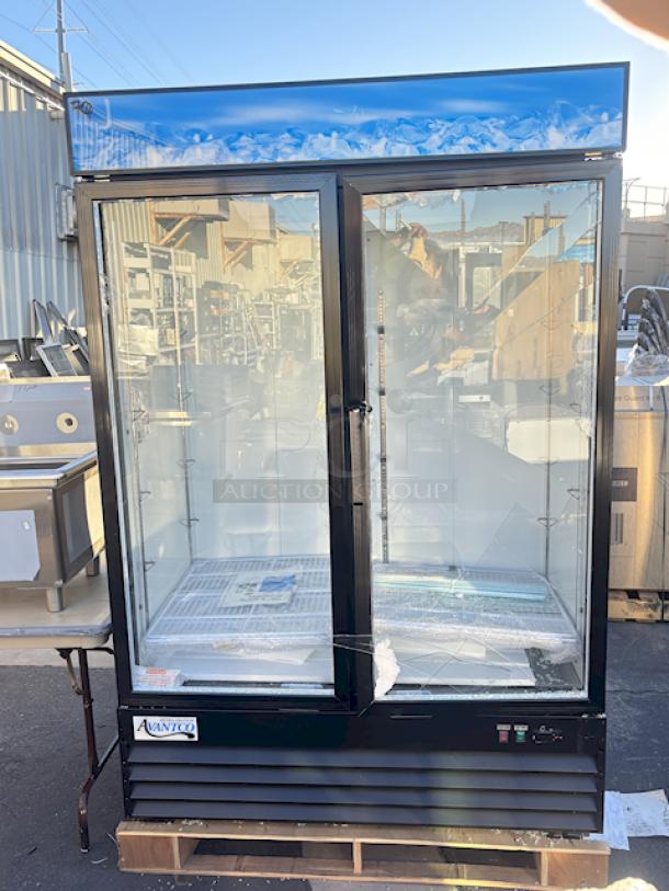 BRAND NEW SCRATCH & DENT! Avantco GDC-49-HC 53" Black Swing Glass Door Merchandiser Refrigerator with LED Lighting. Tested. In Working Order. 115 Volts/6 Amps/1 Phase/480 lb. S/N: 028081364. 53-1/8"x31-7/8"x83-7/8". Outer pane of glass is broken on the left side, both panes are broken on the right side,  doors and sides have dents. (see photos). - Image 1 of 10