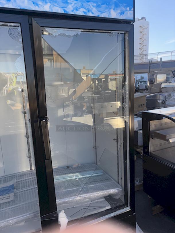 BRAND NEW SCRATCH & DENT! Avantco GDC-49-HC 53" Black Swing Glass Door Merchandiser Refrigerator with LED Lighting. Tested. In Working Order. 115 Volts/6 Amps/1 Phase/480 lb. S/N: 028081364. 53-1/8"x31-7/8"x83-7/8". Outer pane of glass is broken on the left side, both panes are broken on the right side,  doors and sides have dents. (see photos). - Image 3 of 10