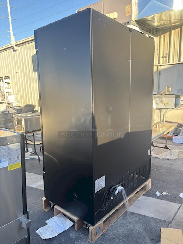 BRAND NEW SCRATCH & DENT! Avantco GDC-49-HC 53" Black Swing Glass Door Merchandiser Refrigerator with LED Lighting. Tested. In Working Order. 115 Volts/6 Amps/1 Phase/480 lb. S/N: 028081364. 53-1/8"x31-7/8"x83-7/8". Outer pane of glass is broken on the left side, both panes are broken on the right side,  doors and sides have dents. (see photos). - Image 7 of 10