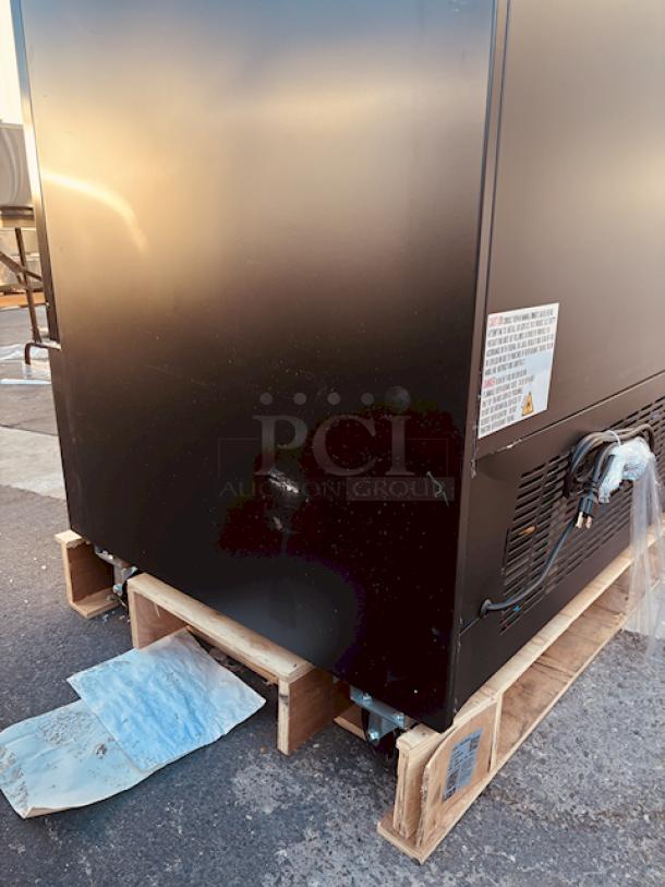 BRAND NEW SCRATCH & DENT! Avantco GDC-49-HC 53" Black Swing Glass Door Merchandiser Refrigerator with LED Lighting. Tested. In Working Order. 115 Volts/6 Amps/1 Phase/480 lb. S/N: 028081364. 53-1/8"x31-7/8"x83-7/8". Outer pane of glass is broken on the left side, both panes are broken on the right side,  doors and sides have dents. (see photos). - Image 8 of 10