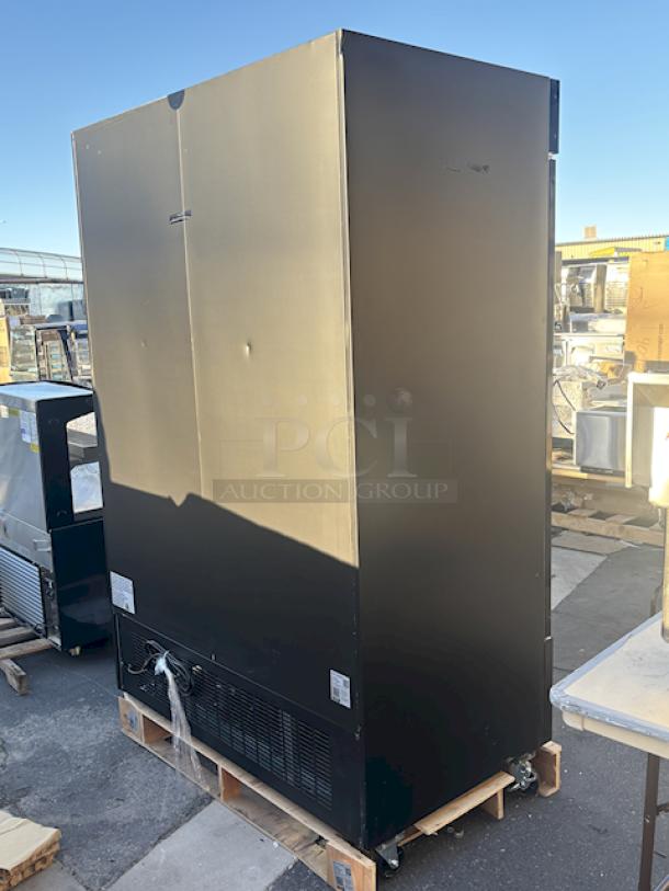 BRAND NEW SCRATCH & DENT! Avantco GDC-49-HC 53" Black Swing Glass Door Merchandiser Refrigerator with LED Lighting. Tested. In Working Order. 115 Volts/6 Amps/1 Phase/480 lb. S/N: 028081364. 53-1/8"x31-7/8"x83-7/8". Outer pane of glass is broken on the left side, both panes are broken on the right side,  doors and sides have dents. (see photos). - Image 9 of 10