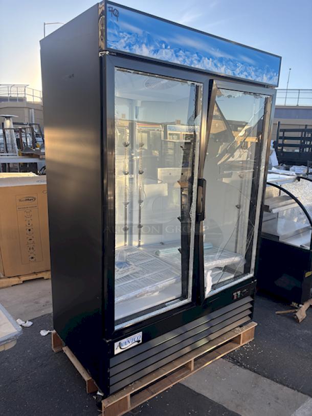 BRAND NEW SCRATCH & DENT! Avantco GDC-49-HC 53" Black Swing Glass Door Merchandiser Refrigerator with LED Lighting. Tested. In Working Order. 115 Volts/6 Amps/1 Phase/480 lb. S/N: 028081364. 53-1/8"x31-7/8"x83-7/8". Outer pane of glass is broken on the left side, both panes are broken on the right side,  doors and sides have dents. (see photos). - Image 10 of 10
