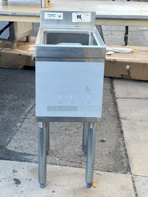 BRAND NEW OUT OF ORIGINAL PACKAGING! Regency 600UHS2112 1 Bowl Underbar Hand Sink - 21" x 12" x 33". 31.82 Lb. Includes drain and legs w/ adjustable bullet feet. Superficial denting, left back leg has a inward slight bend. (see photos). - Image 5 of 9