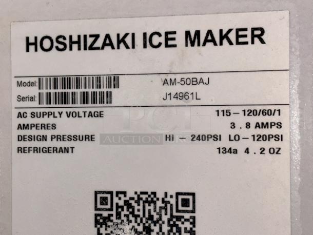 Hoshizaki AM-50BAJ 14 7/8" Air Cooled Undercounter Top Hat Cube Ice Machine - 51 lb. 115-120v/60Hz/1Ph/3.8Amp. Observed in WORKING ORDER. S/N: J14961L. 


*These items are located at our main warehouse approximately 10mins away. The address is 3290 S. Highland Dr. Las Vegas NV 89109.* - Image 7 of 7