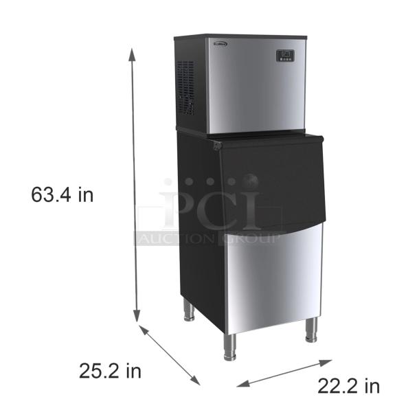 BRAND NEW SCRATCH & DENT!! IN THE BOX! Koolmore CIM-315 25 in. Stainless-Steel Commercial Air cooled Modular Ice Maker with Full Cube Production, 315lbs/24h With Stainless-Steel Commercial Ice Storage Bin, 200Lb Capacity. 24.6" x 28.2" x 63.4" Ice Bin Is Dented. 

*This unit is located at our main warehouse approximately 10mins away. The address is 3290 S. Highland Dr. Las Vegas NV 89109.* - Image 1 of 4