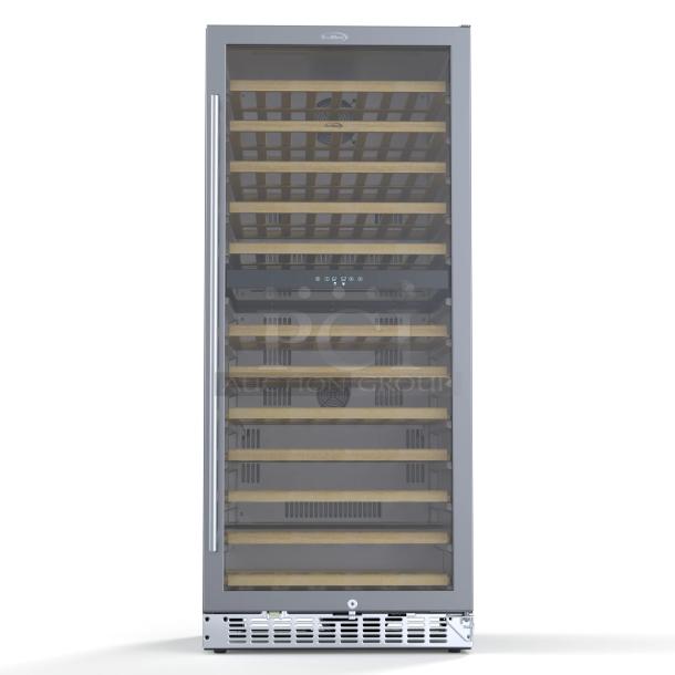 BRAND NEW SCRATCH & DENT! Koolmore KM-CW92DZ-SS 23 in. Dual Zone, Full Glass Door, Wine Cooler Refrigerator, Freestanding or Built-In Unit, 9.7 cu ft. Display up to 92-Bottle WineCollection 22.4" x 23.4" x 55" IN ORIGINAL PACKAGING!  TESTED! WORKS PERFECT! Dent on the bottom left. White stuff is styrofoam from the packaging. 
*This unit is located at our main warehouse approximately 10mins away. The address is 3290 S. Highland Dr. Las Vegas NV 89109.* - Image 1 of 13