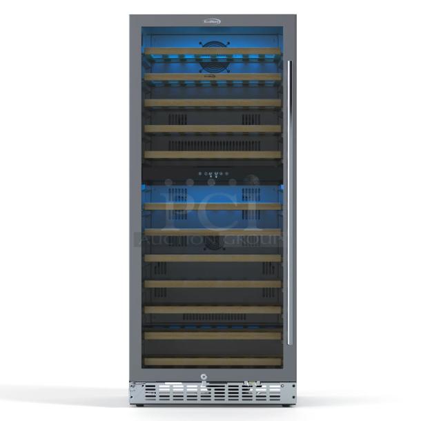 BRAND NEW SCRATCH & DENT! Koolmore KM-CW92DZ-SS 23 in. Dual Zone, Full Glass Door, Wine Cooler Refrigerator, Freestanding or Built-In Unit, 9.7 cu ft. Display up to 92-Bottle WineCollection 22.4" x 23.4" x 55" IN ORIGINAL PACKAGING!  TESTED! WORKS PERFECT! Dent on the bottom left. White stuff is styrofoam from the packaging. 
*This unit is located at our main warehouse approximately 10mins away. The address is 3290 S. Highland Dr. Las Vegas NV 89109.* - Image 5 of 13