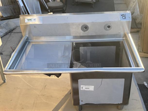 BRAND NEW SCRATCH AND DENT! Regency 60S1181818GL 38 1/2" 16-Gauge Stainless Steel One Compartment Commercial Sink with Galvanized Legs and 1 Drainboard - 18" x 18" x 14" Bowl. Includes Drain. - Image 2 of 11