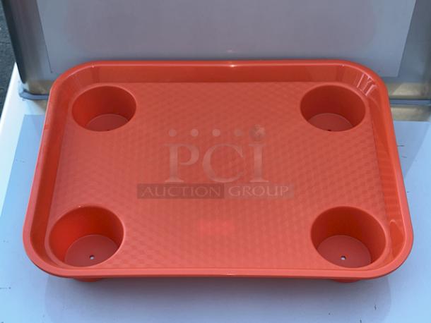 BRAND NEW IN THE BOX! GET FT-20-OR 14" x 17" Ambidextrous Polypropylene Orange Fast Food Tray with Cup Holders, Cup Compartment Diameter: 3 1/2". 16 Cases of 12 Trays. 192 In Total.  16x Your Bid. - Image 1 of 7