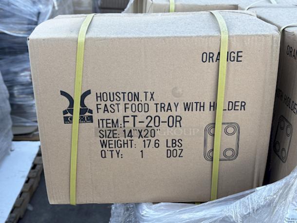 BRAND NEW IN THE BOX! GET FT-20-OR 14" x 17" Ambidextrous Polypropylene Orange Fast Food Tray with Cup Holders, Cup Compartment Diameter: 3 1/2". 16 Cases of 12 Trays. 192 In Total.  16x Your Bid. - Image 2 of 7