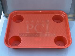 BRAND NEW IN THE BOX! GET FT-20-OR 14" x 17" Ambidextrous Polypropylene Orange Fast Food Tray with Cup Holders, Cup Compartment Diameter: 3 1/2". 16 Cases of 12 Trays. 192 In Total.  16x Your Bid.