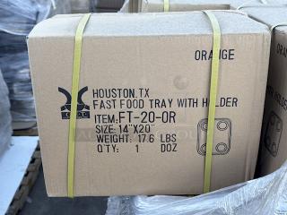 BRAND NEW IN THE BOX! GET FT-20-OR 14" x 17" Ambidextrous Polypropylene Orange Fast Food Tray with Cup Holders, Cup Compartment Diameter: 3 1/2". 16 Cases of 12 Trays. 192 In Total.  16x Your Bid.