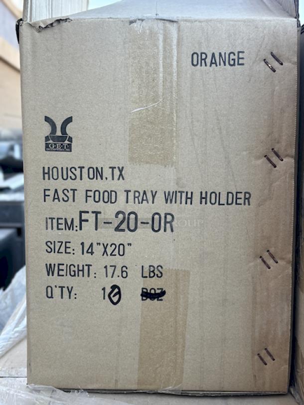 BRAND NEW IN THE BOX! GET FT-20-OR 14" x 17" Ambidextrous Polypropylene Orange Fast Food Tray with Cup Holders, Cup Compartment Diameter: 3 1/2". 16 Cases of 12 Trays. 192 In Total.  16x Your Bid. - Image 2 of 7