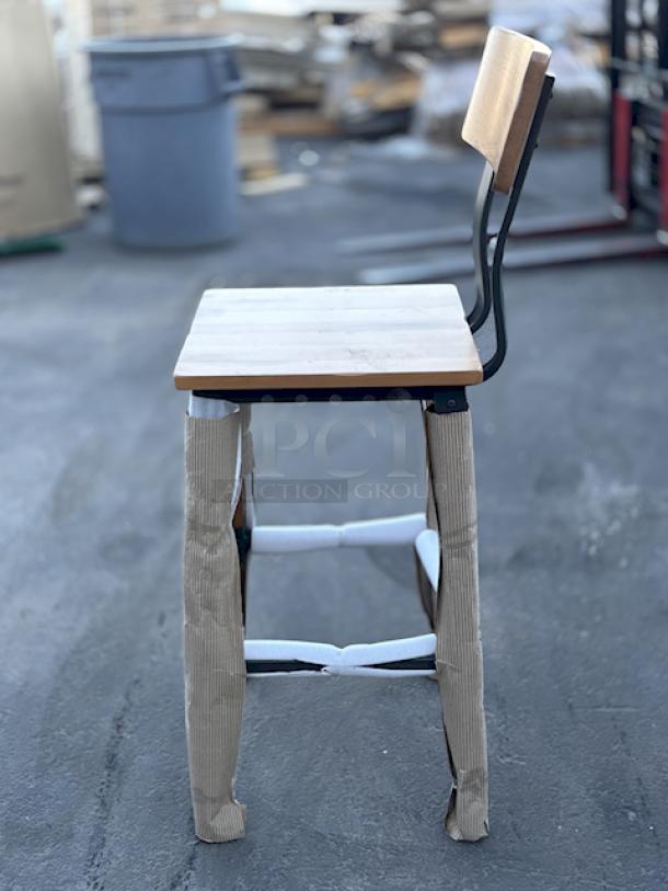 BRAND NEW SCRATCH & DENT! Lancaster Table & Seating 164BINDNATAN Industrial Bar Stool with Honey Maple Finish.16-1/2" x 16-1/2" x 43". Seat Height: 28-1/2" Capacity: 350Lb. 12x Your Bid - Image 3 of 7