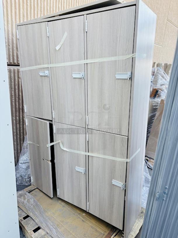 BRAND NEW SCRATCH & DENT! I.D. Systems 538023B45019 45" x 18" x 72" Natural Elm Triple Door Storage Locker with Middle Shelf. The base of the unit has broken off and the back bottom board has broken off. - Image 1 of 7