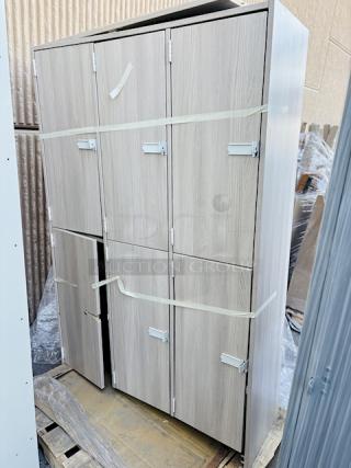 BRAND NEW SCRATCH & DENT! I.D. Systems 538023B45019 45" x 18" x 72" Natural Elm Triple Door Storage Locker with Middle Shelf. The base of the unit has broken off and the back bottom board has broken off.