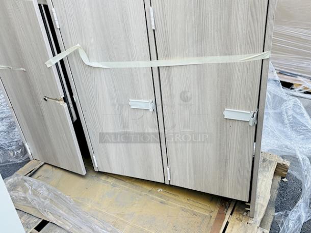 BRAND NEW SCRATCH & DENT! I.D. Systems 538023B45019 45" x 18" x 72" Natural Elm Triple Door Storage Locker with Middle Shelf. The base of the unit has broken off and the back bottom board has broken off. - Image 3 of 7
