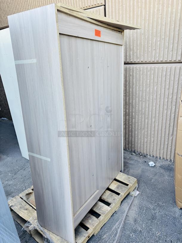 BRAND NEW SCRATCH & DENT! I.D. Systems 538023B45019 45" x 18" x 72" Natural Elm Triple Door Storage Locker with Middle Shelf. The base of the unit has broken off and the back bottom board has broken off. - Image 4 of 7